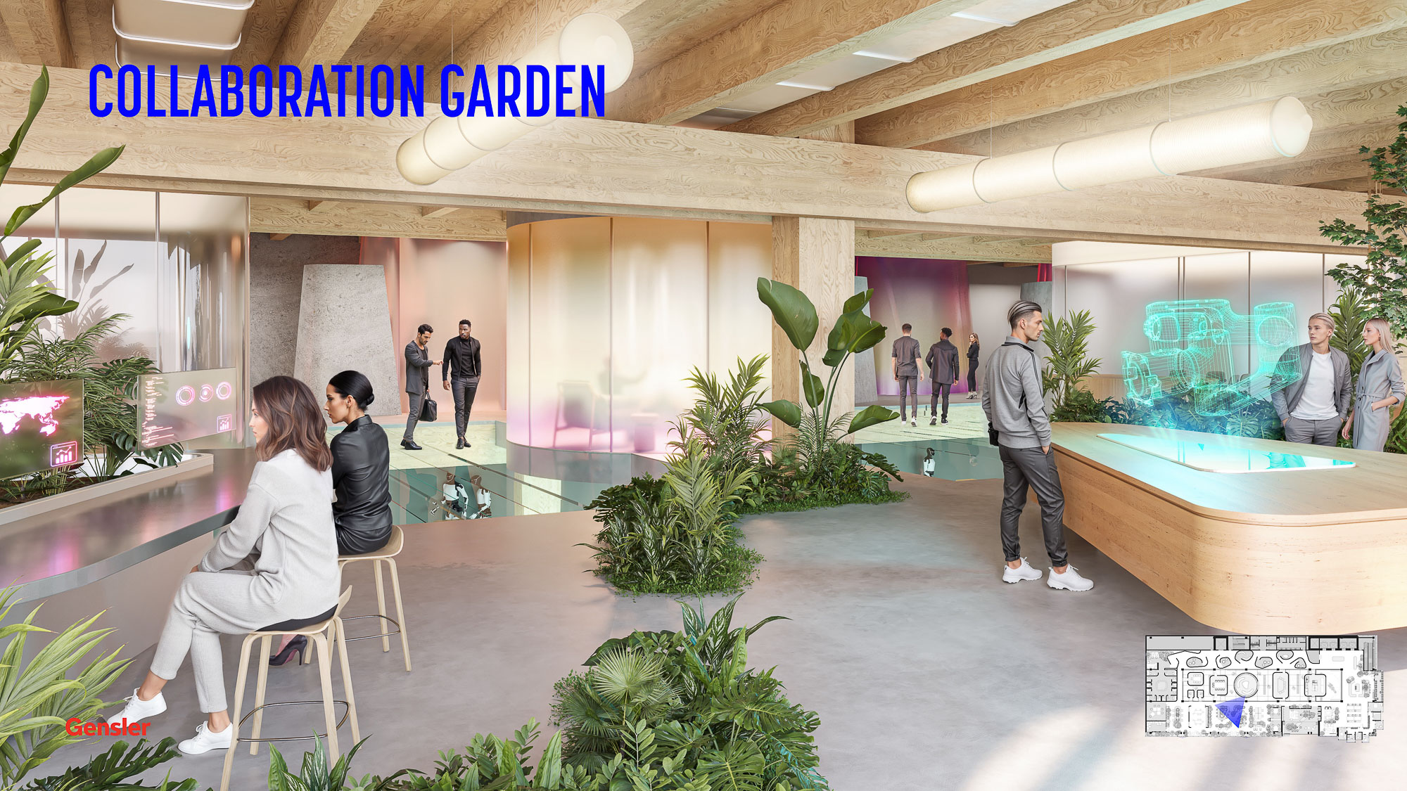 A group of people in a building.