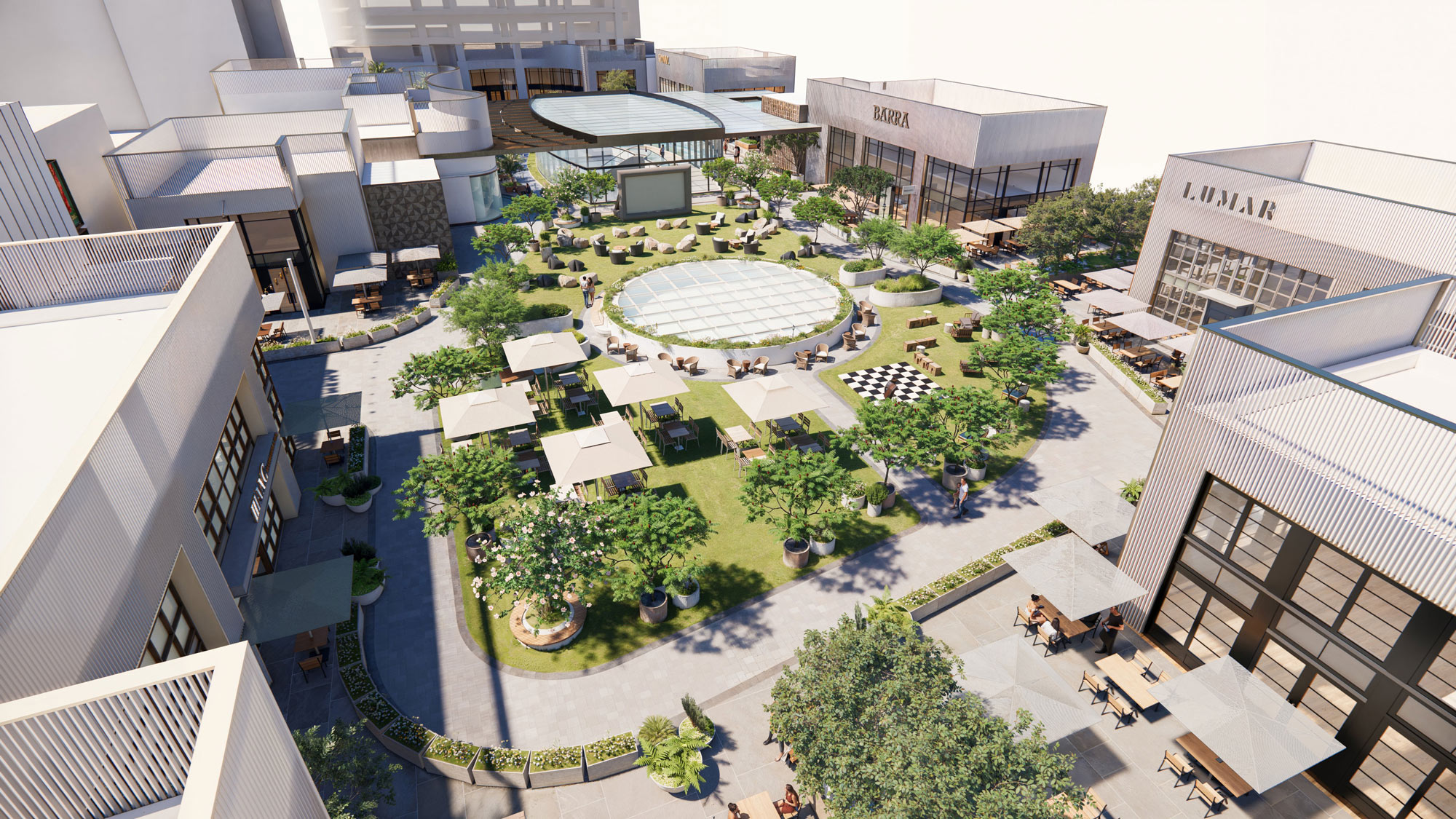 A courtyard with trees and buildings around it.