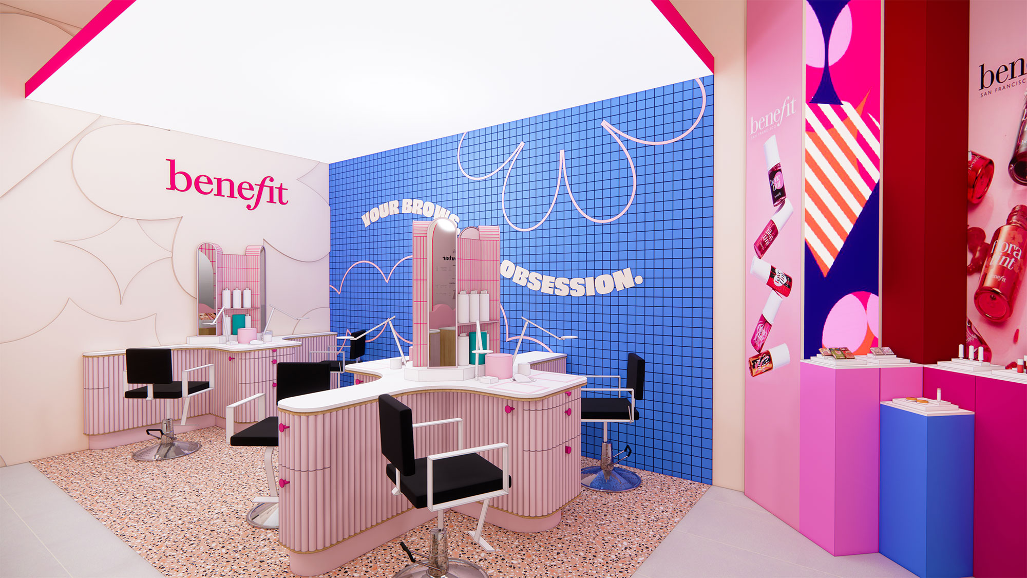 A room with a desk and chairs.