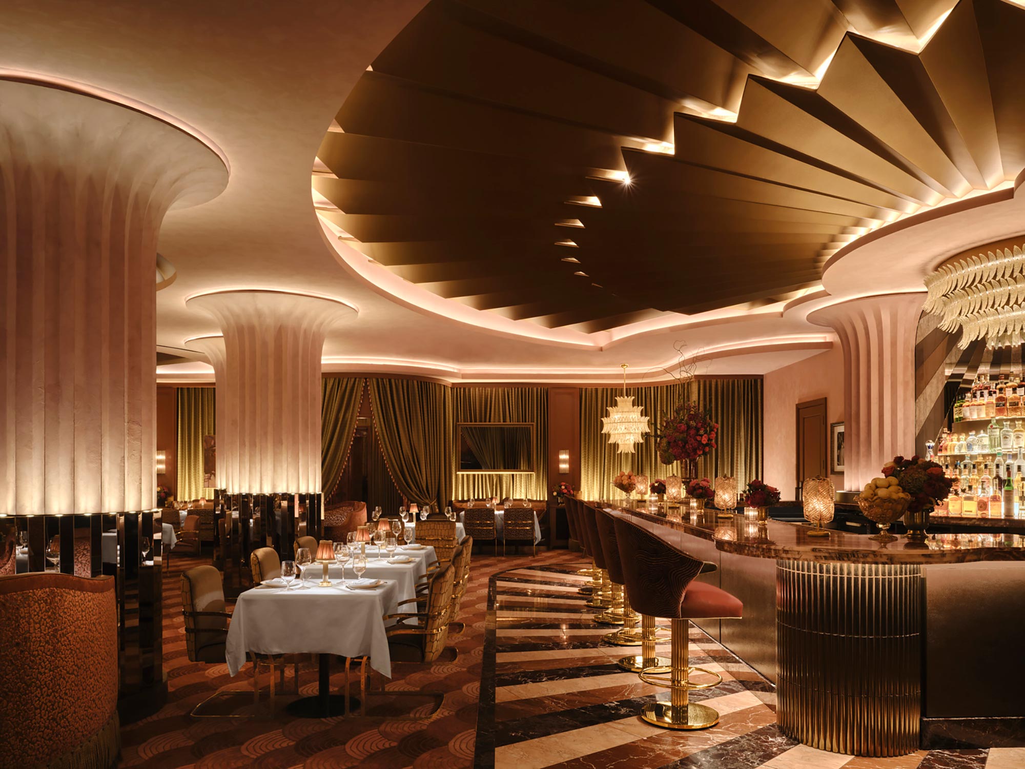 A large room with tables and chairs.