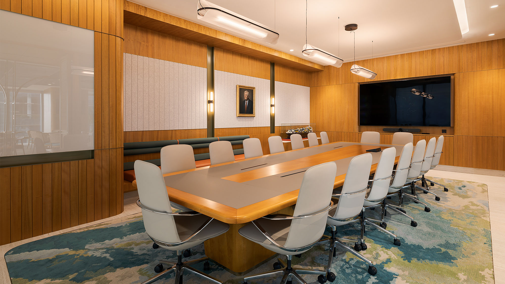 A conference room with a large table.
