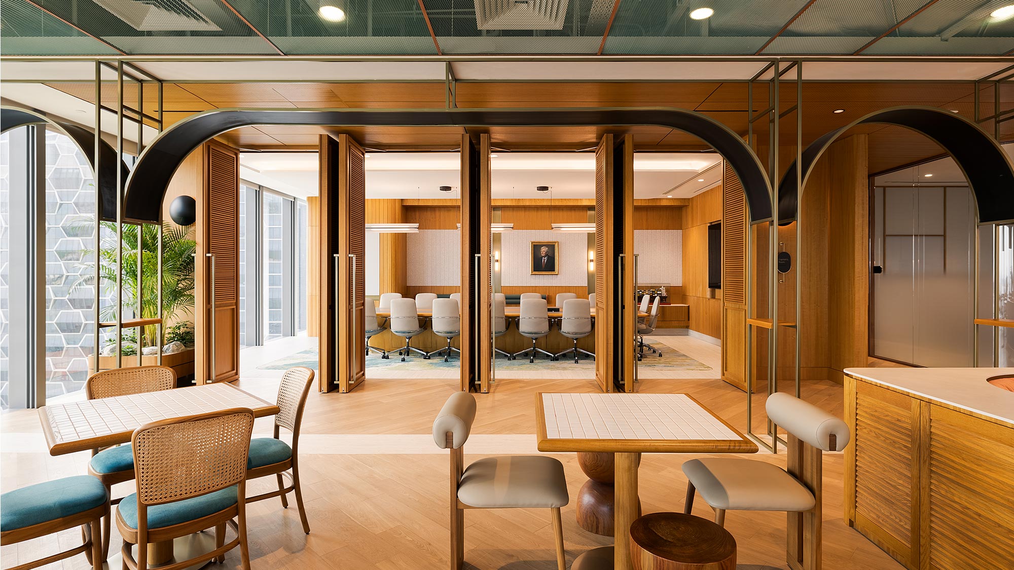 A room with tables and chairs.