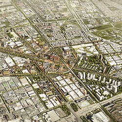 An aerial view of a city.