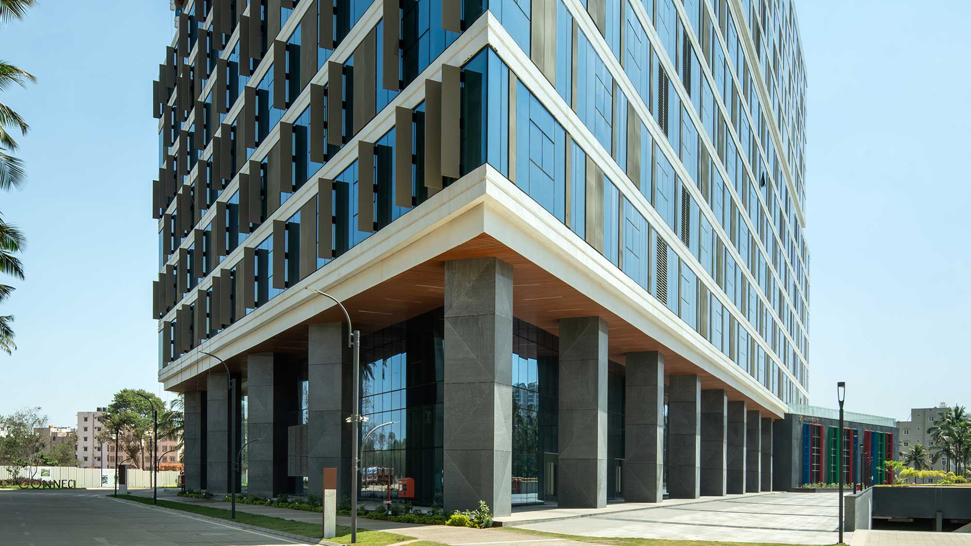 A building with glass windows.