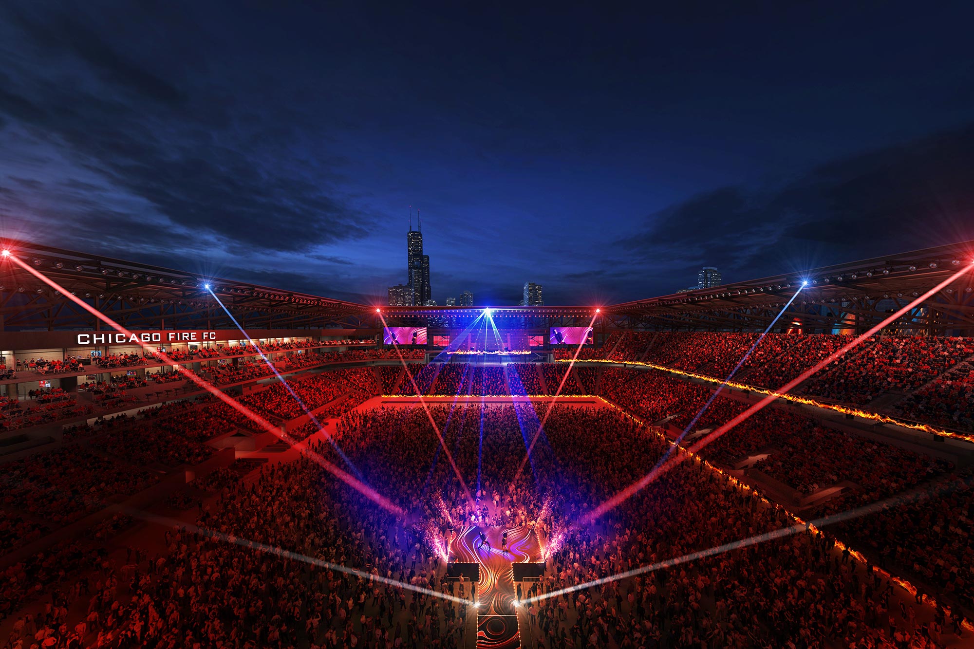 A bridge with lights at night.
