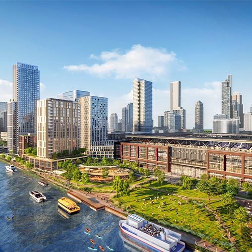 A city skyline with a river.