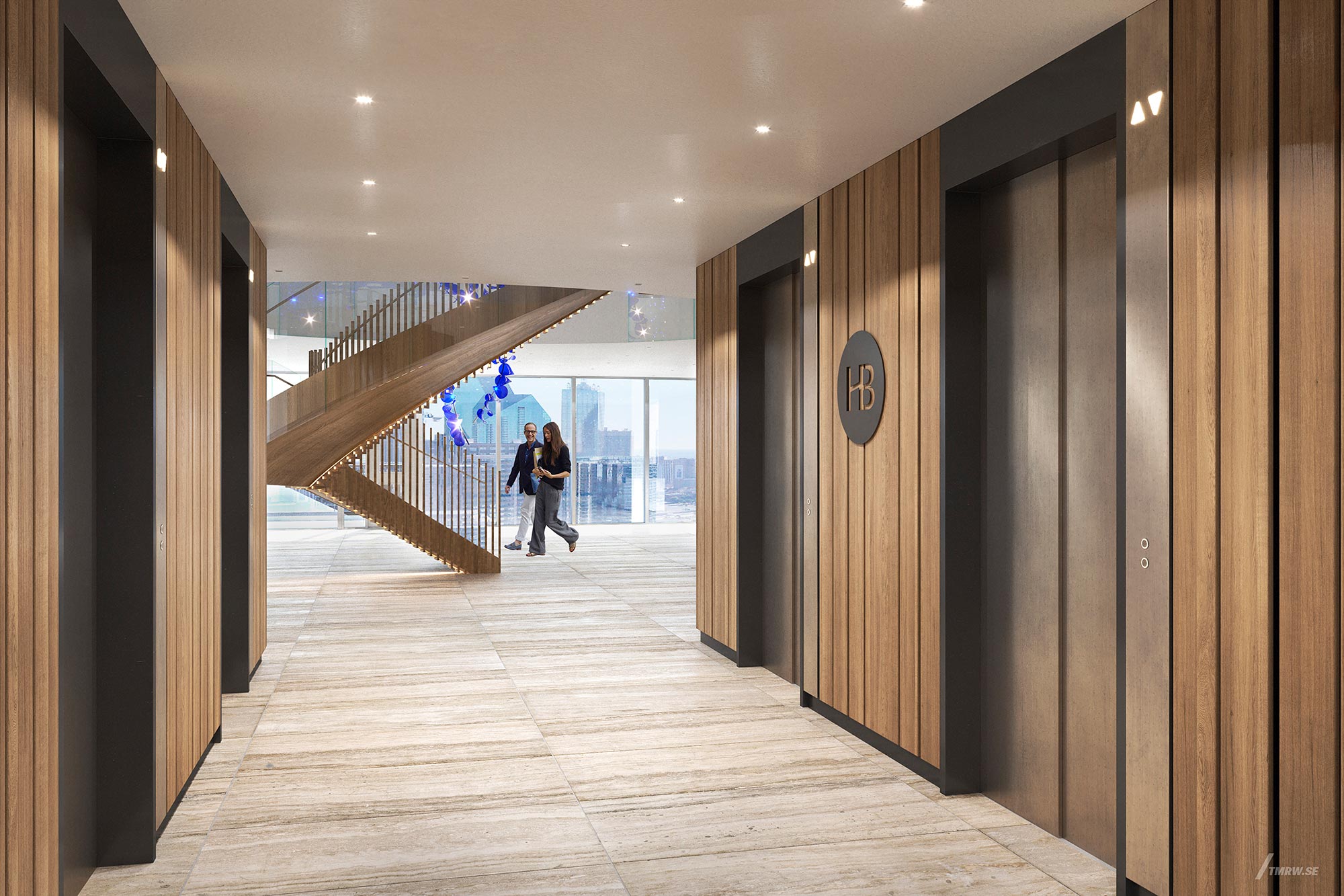 A couple of people walking down a wooden walkway.