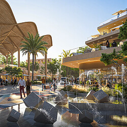 Baghdad Sustainable Forests outdoor plaza with rock fountain