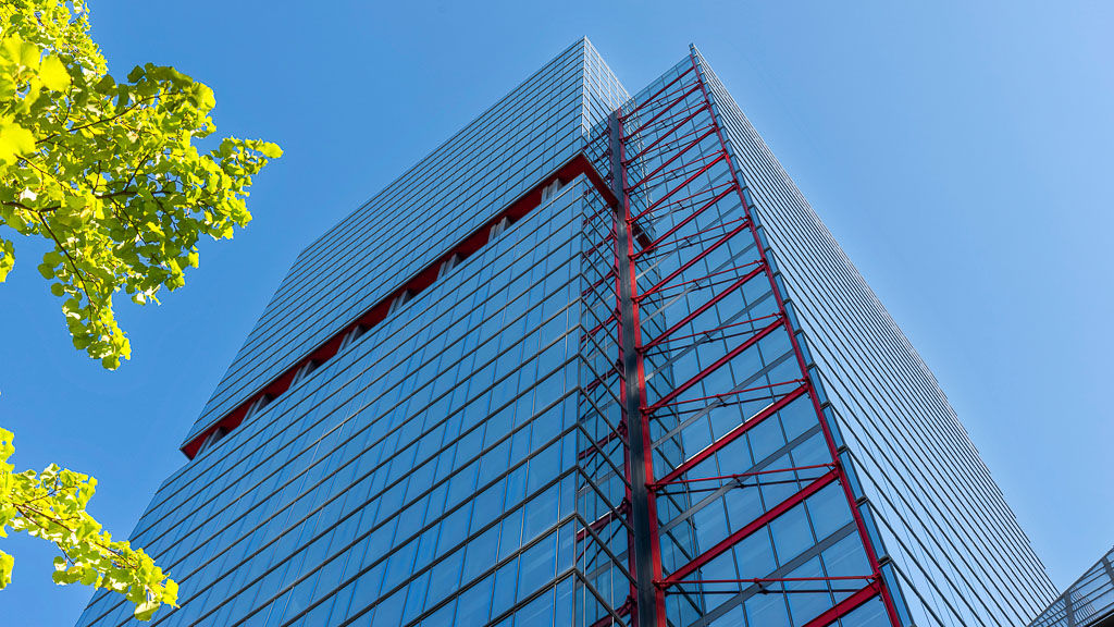 A tall red and black tower.