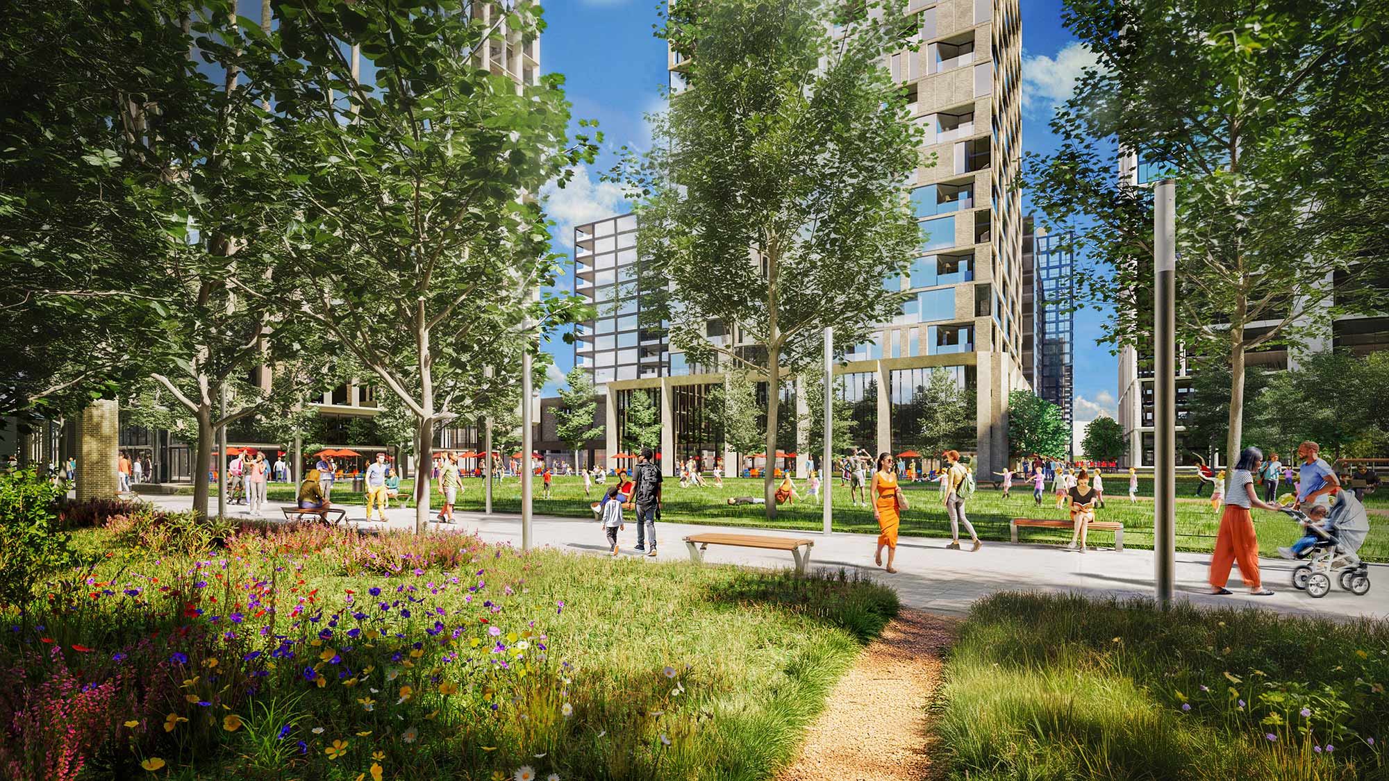 People walking on a sidewalk.