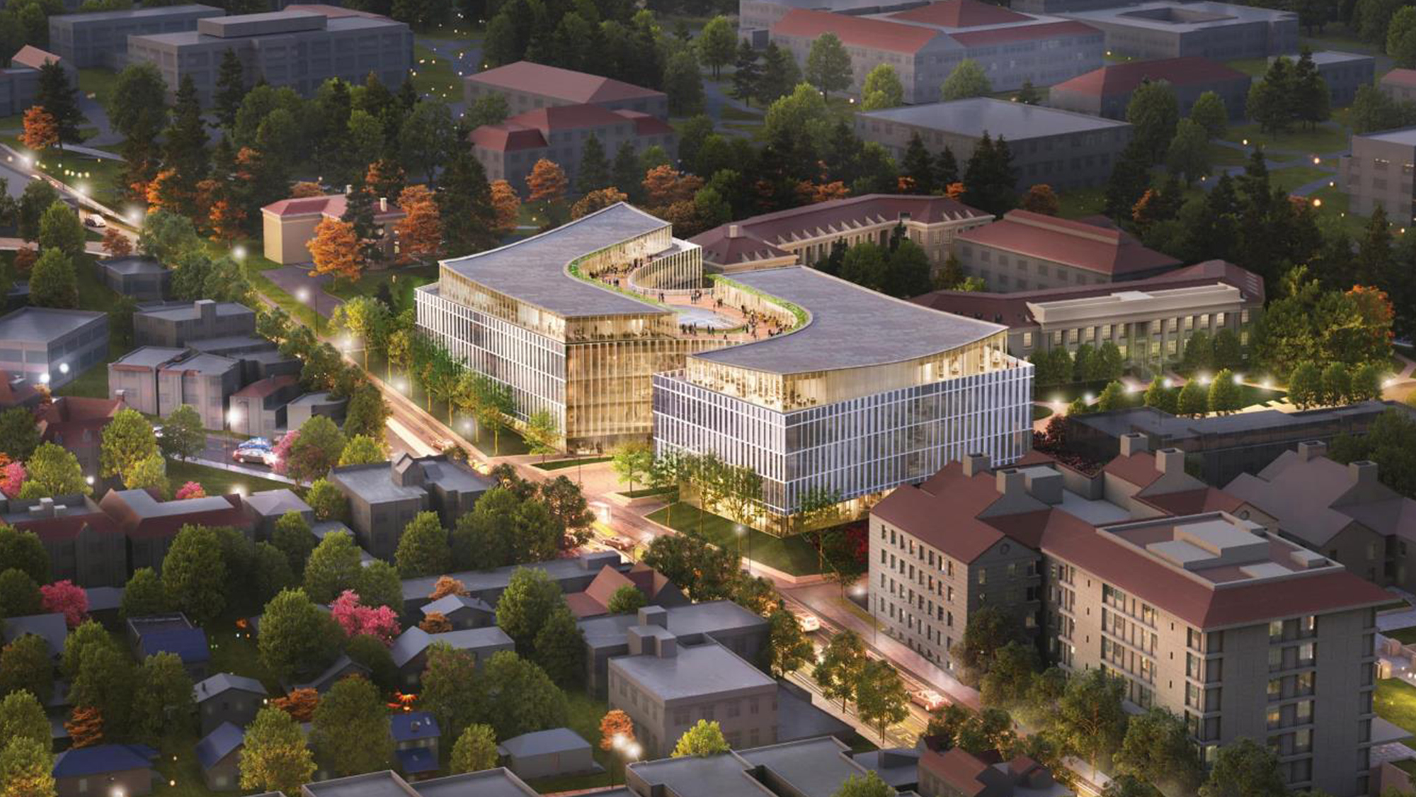 Aerial view of a large building.