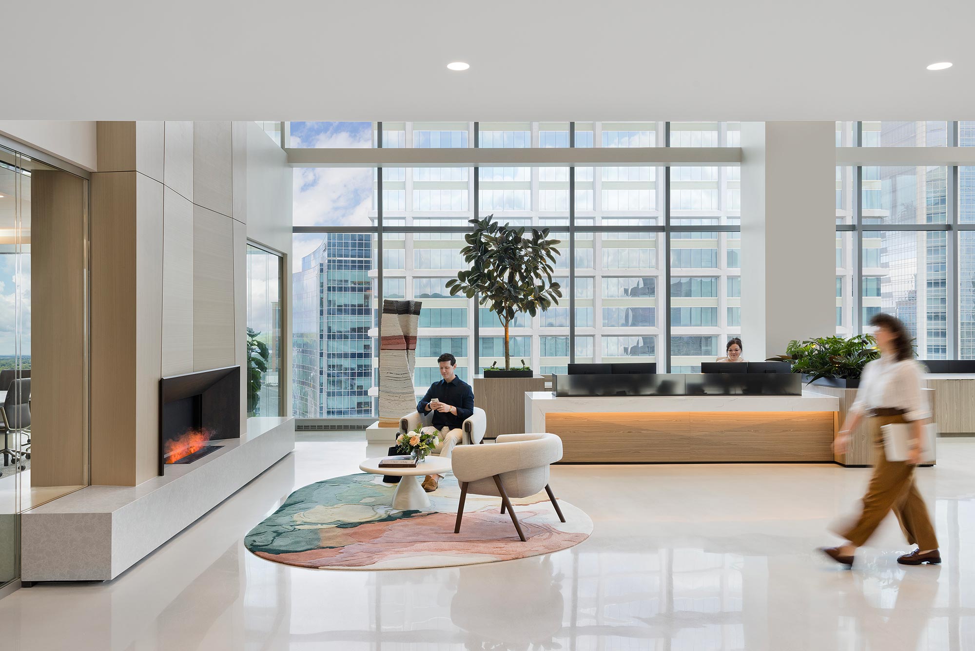 A man and woman in a lobby.