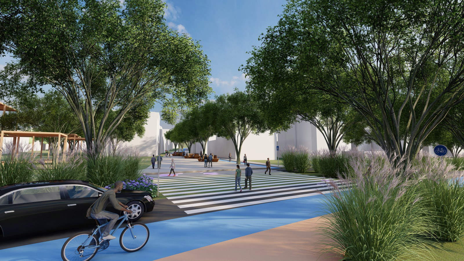 A person riding a bicycle on a sidewalk next to a car and trees.