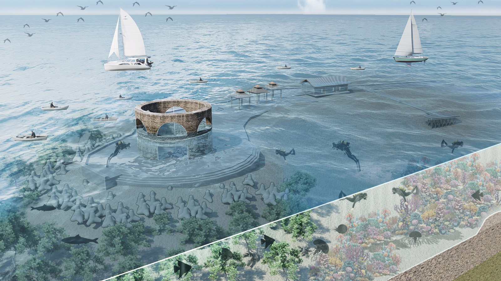 A group of boats in the water.