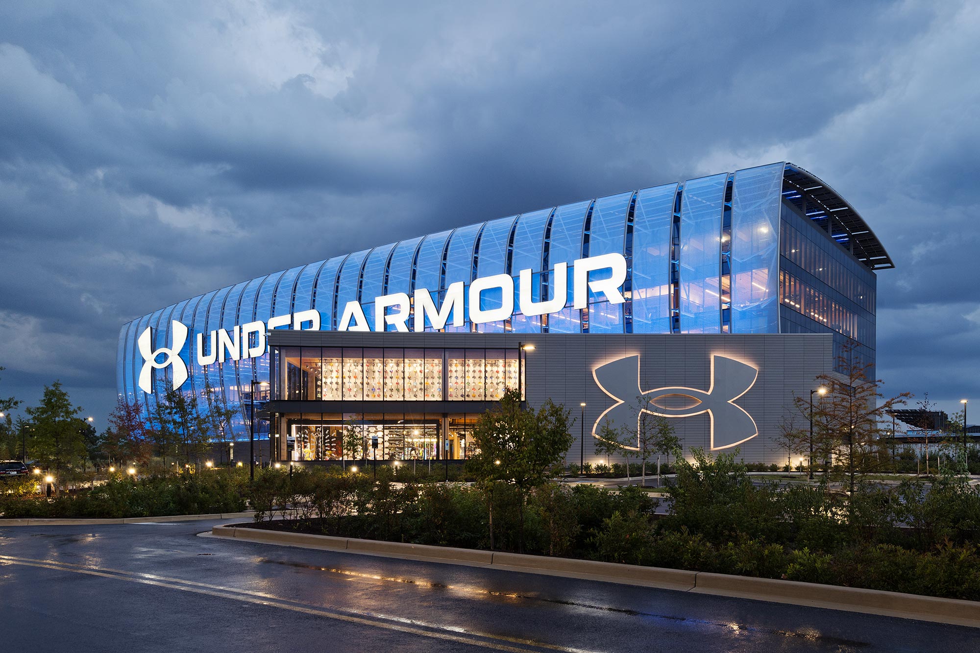 A building with a large glass front.