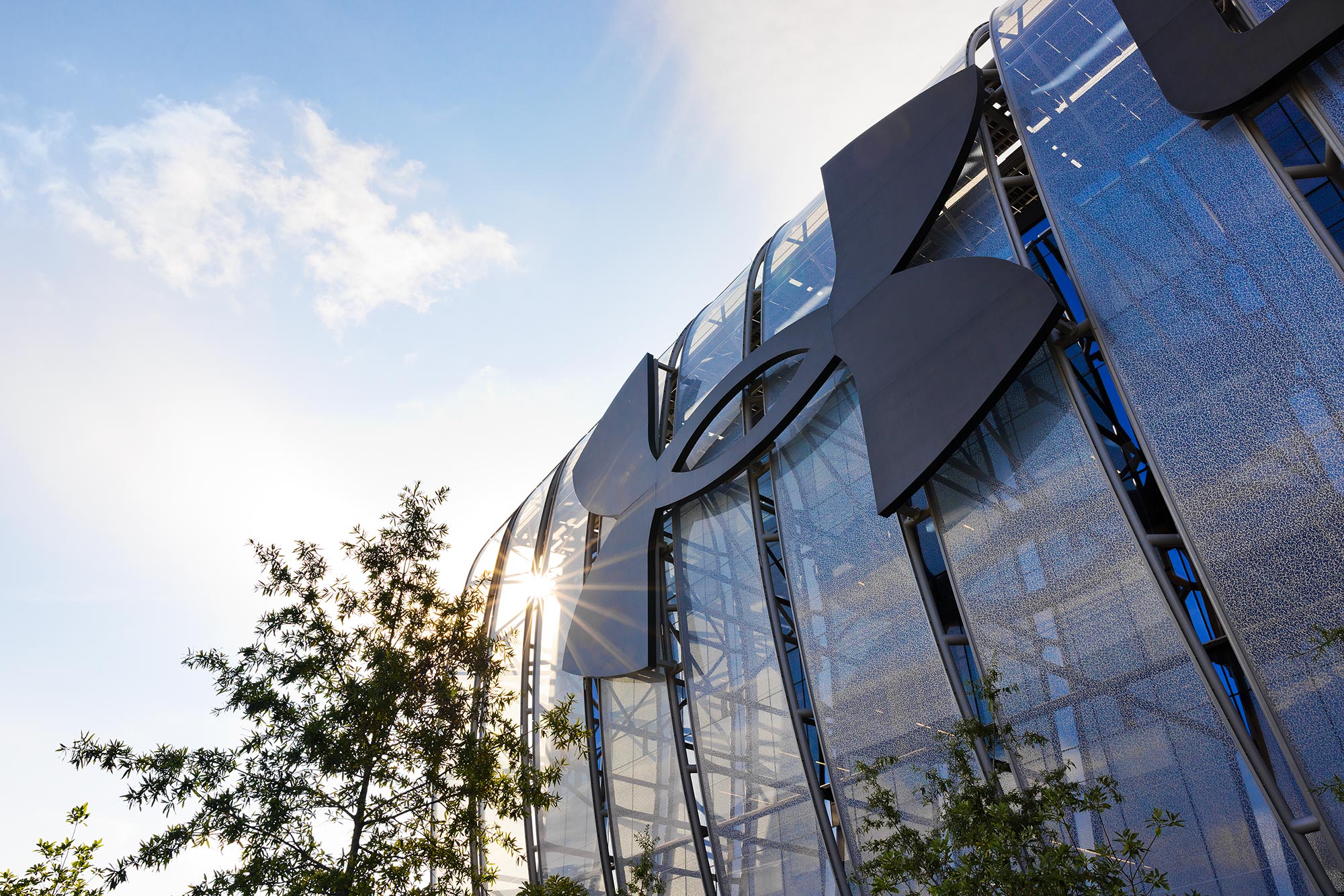 A building with a glass front.
