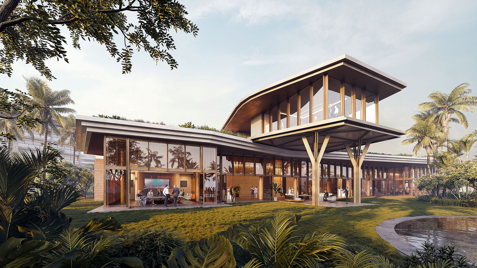 A building with a pond in front of it.