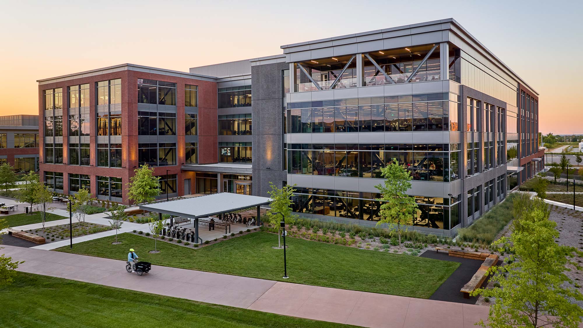 A building with a glass front.