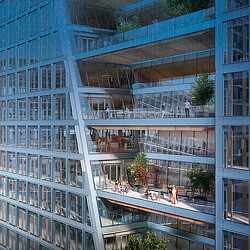 A building with glass windows.