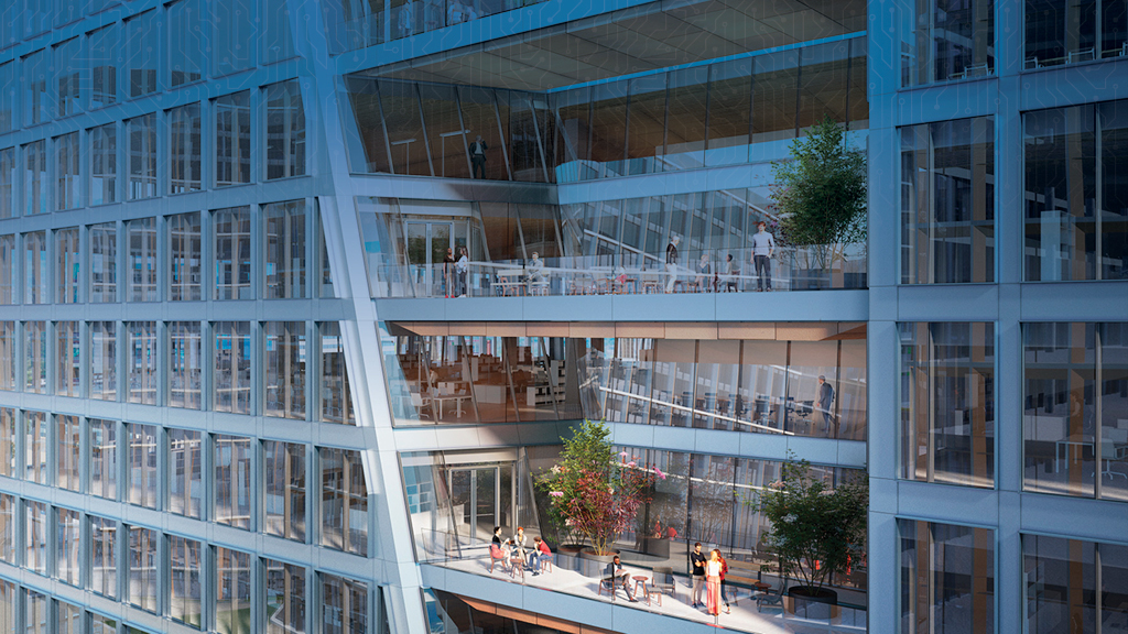 A group of people walking on a building terrace