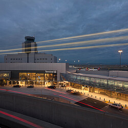 A rainbow over a building.