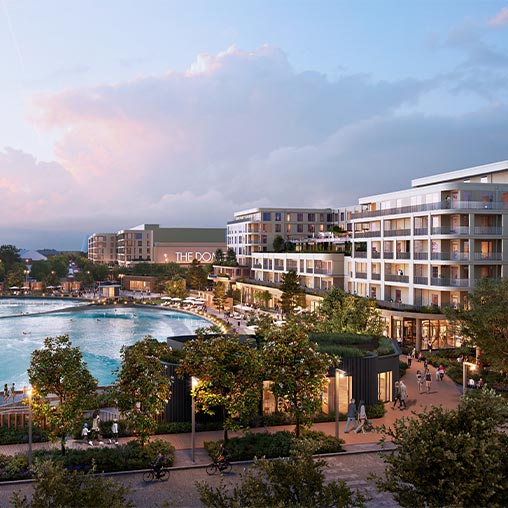 A body of water with buildings around it.