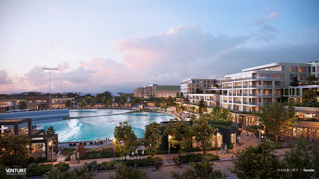 A large pool in a city.