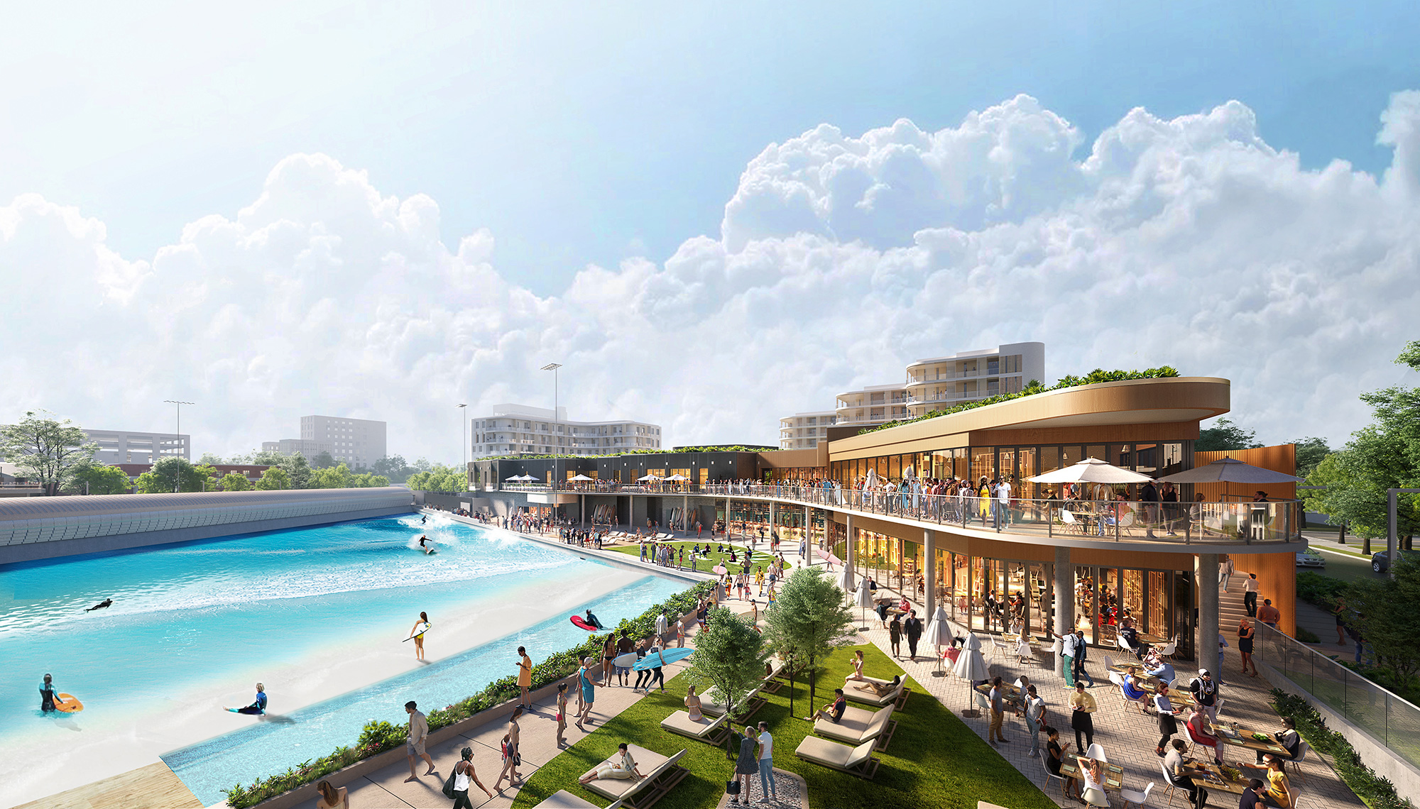 A large pool with people around it.