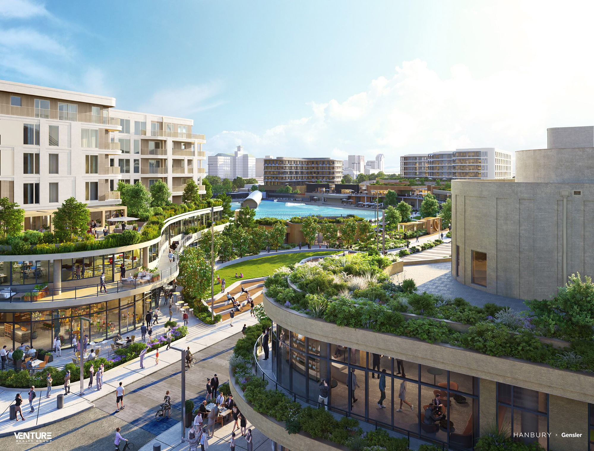 A city with a river and buildings.