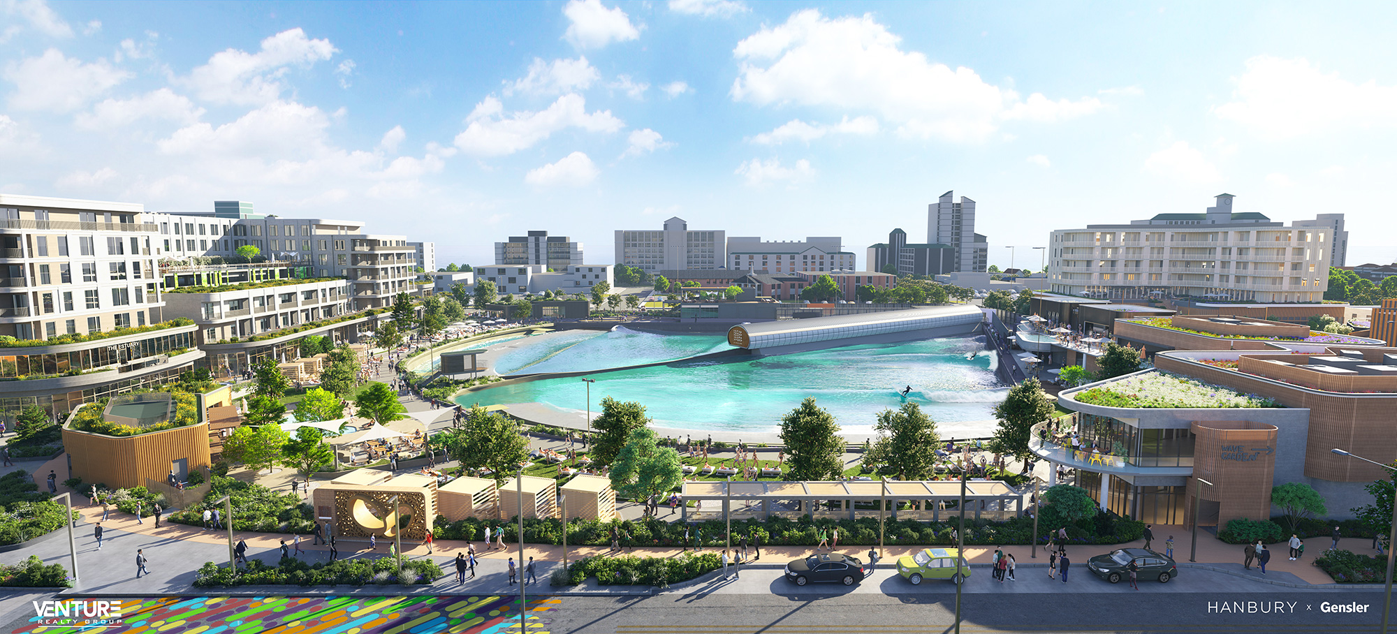 A large pool in a city.