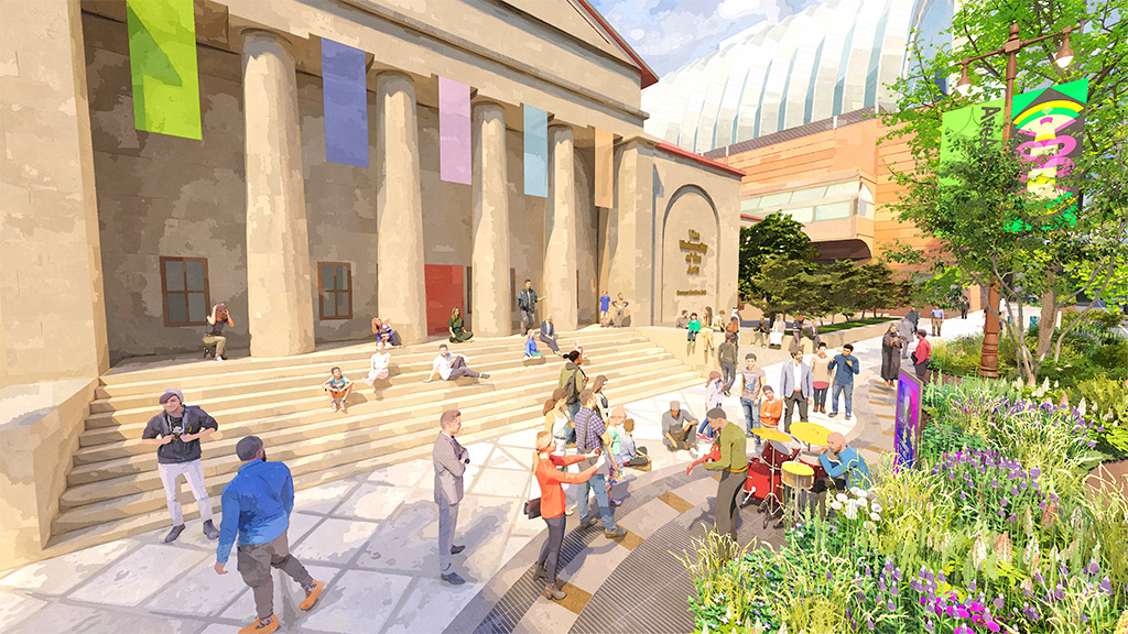 A group of people walking around a building.