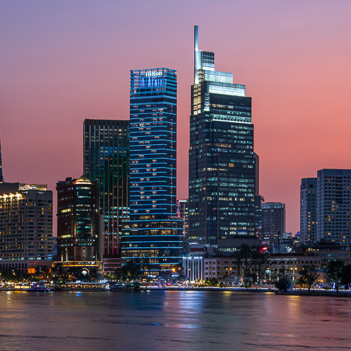 A city skyline at night.