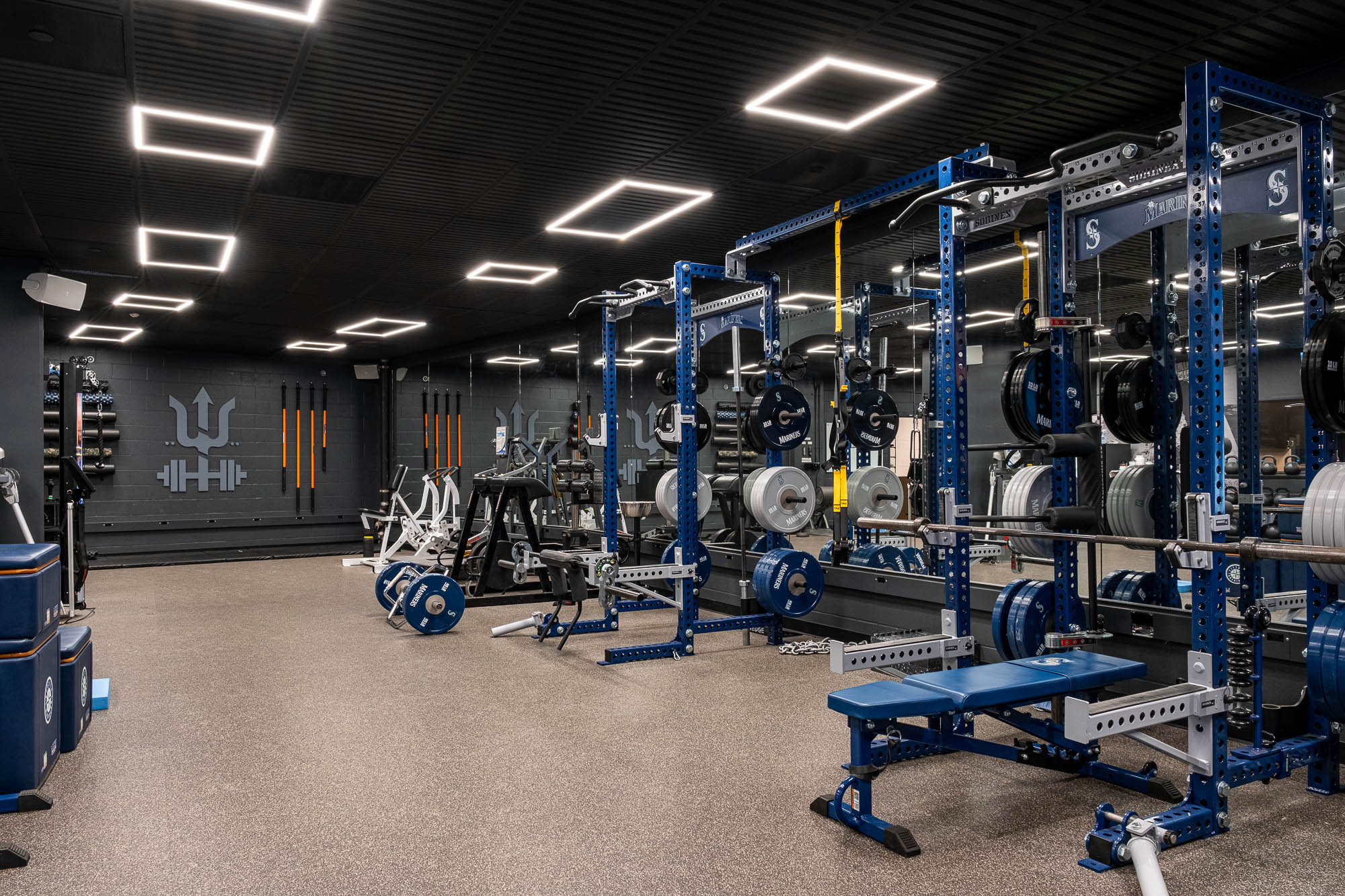 A room with blue machinery.