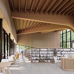 A room with tables and chairs.