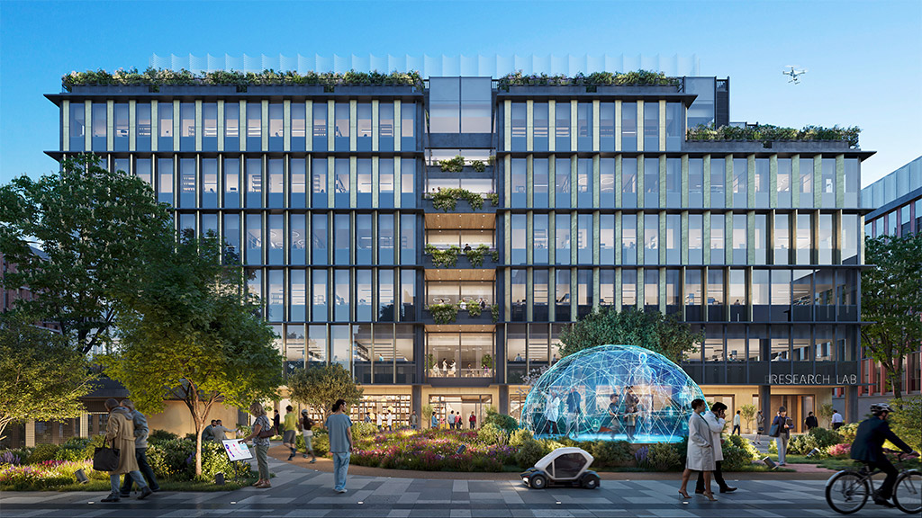 A large building with a fountain in front of it.