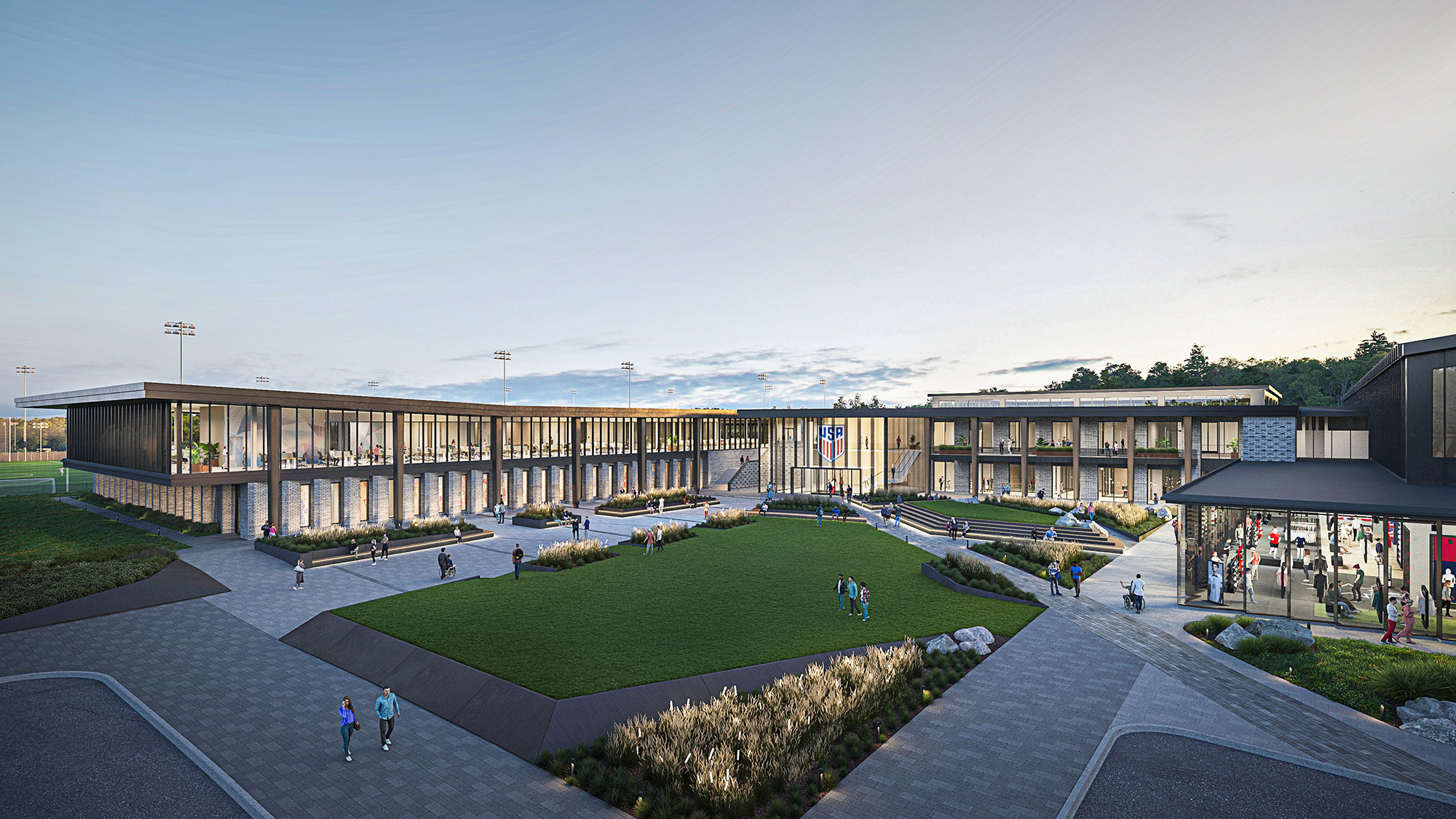 A large stadium with people walking around.