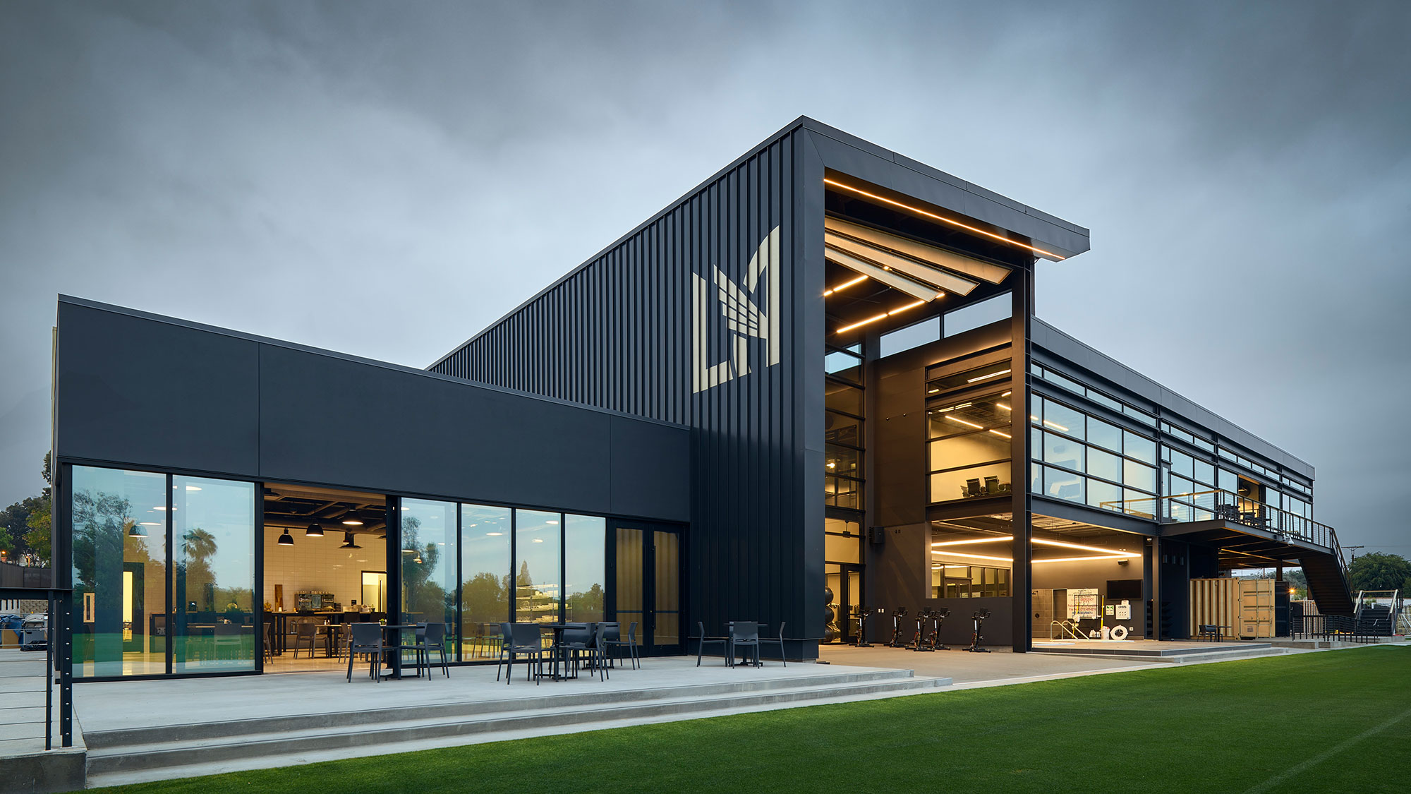 A building with glass windows.