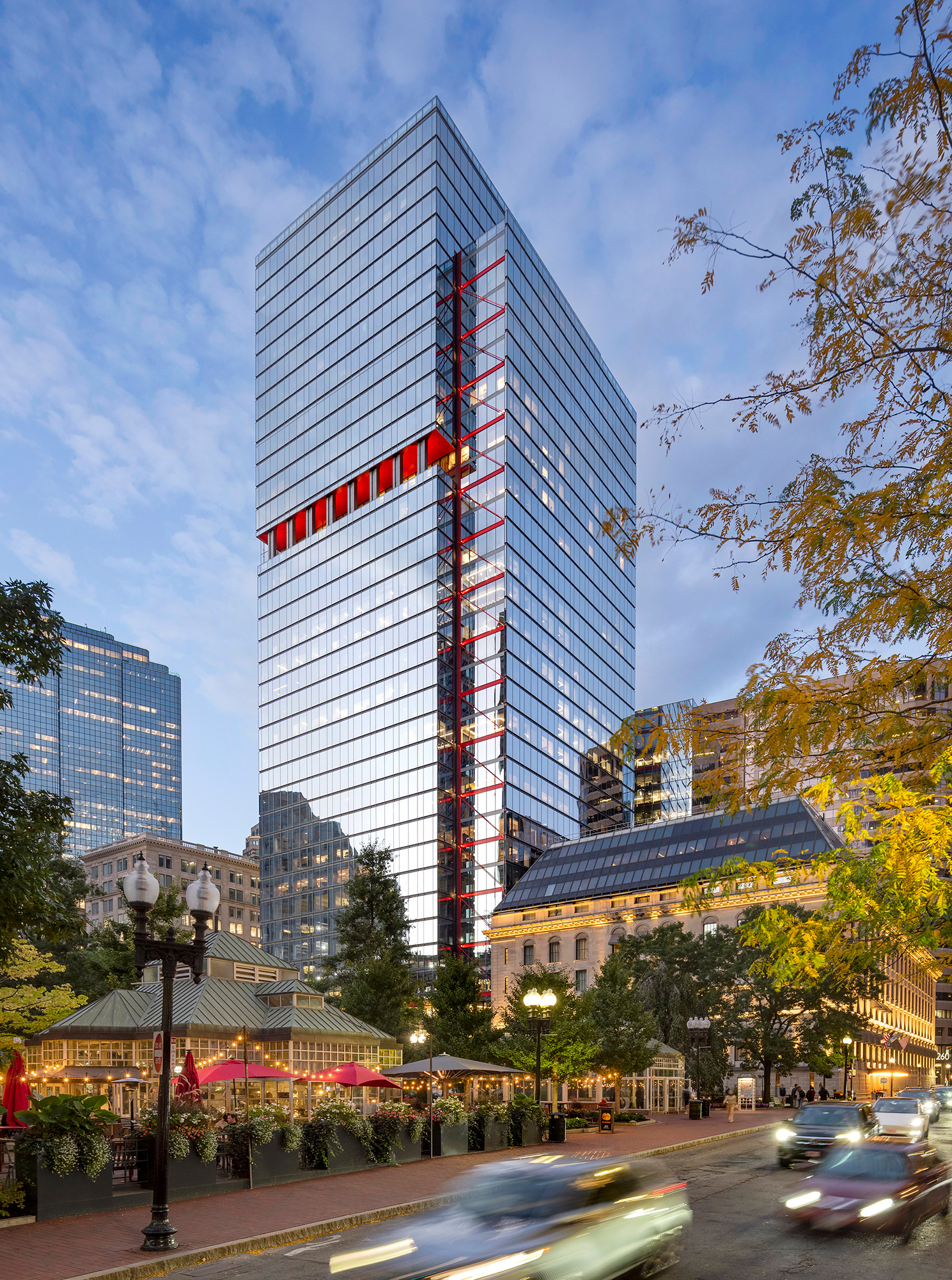 A tall glass building.