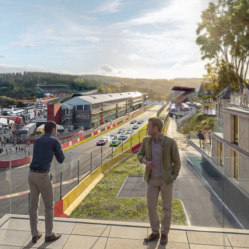 A couple of men looking at a road with cars and people on it.