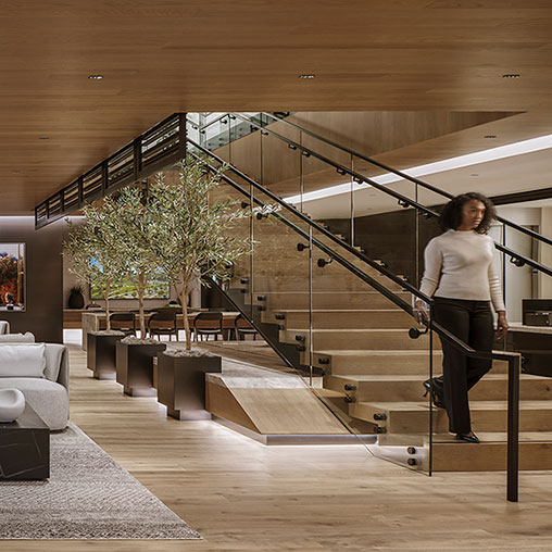 A person walking up a staircase.