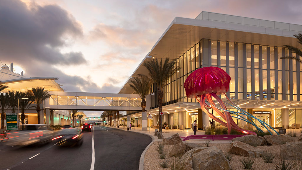 A building with a large glass front.