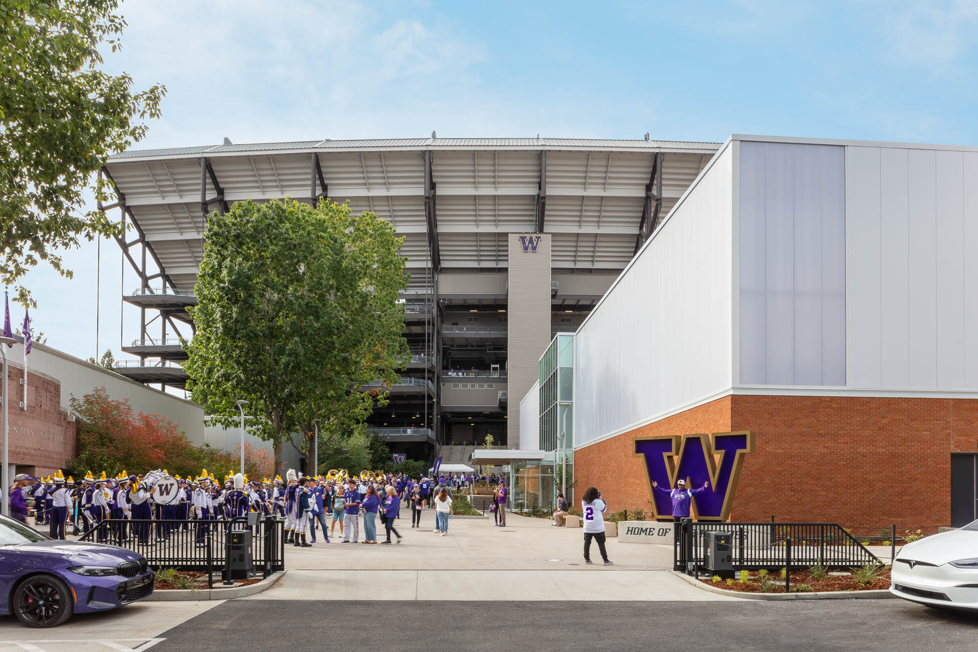 A group of people outside a building.