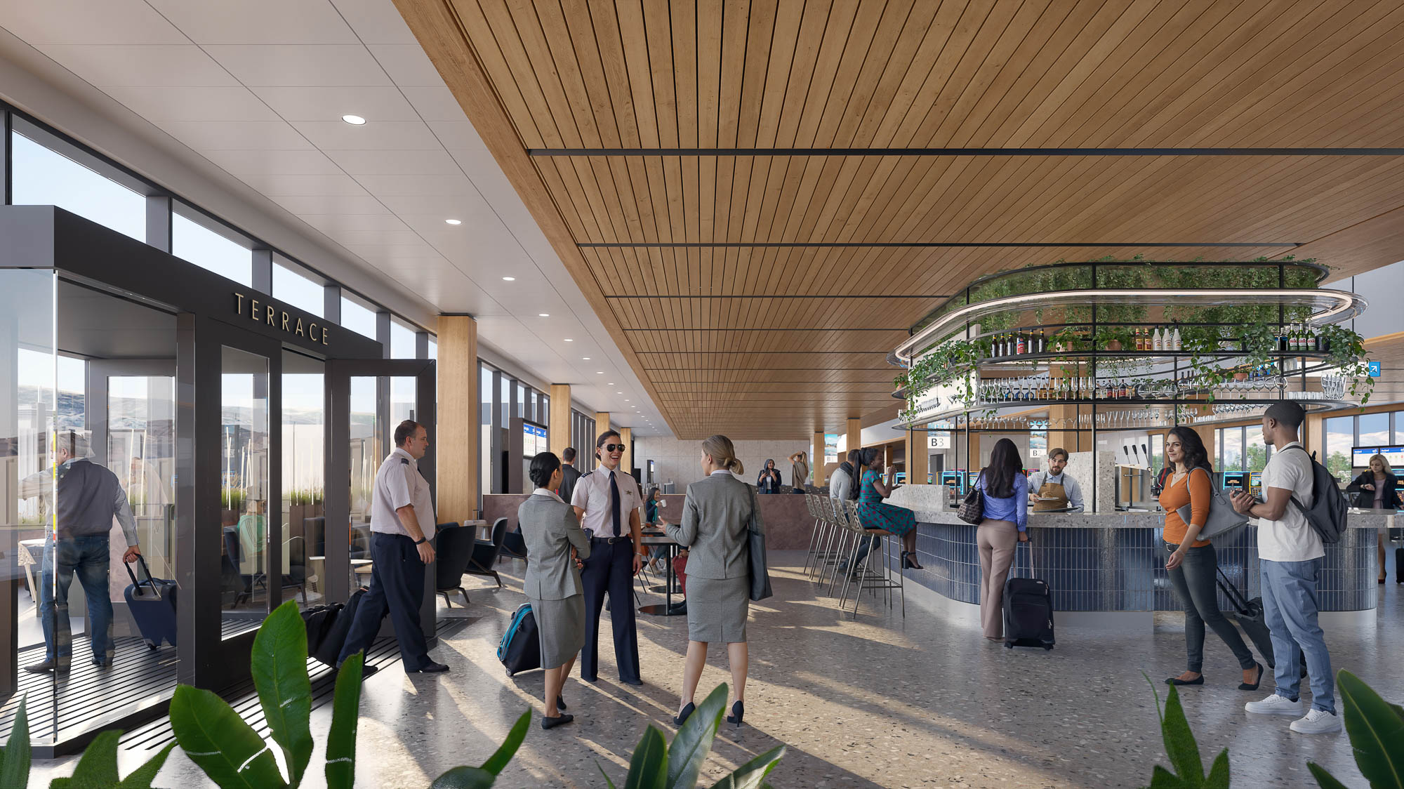 A group of people in a large building.