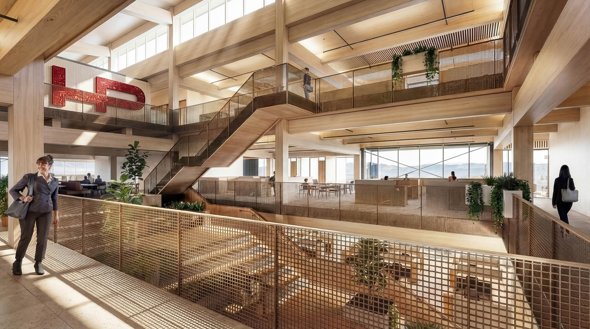 A man and woman walking through a building.