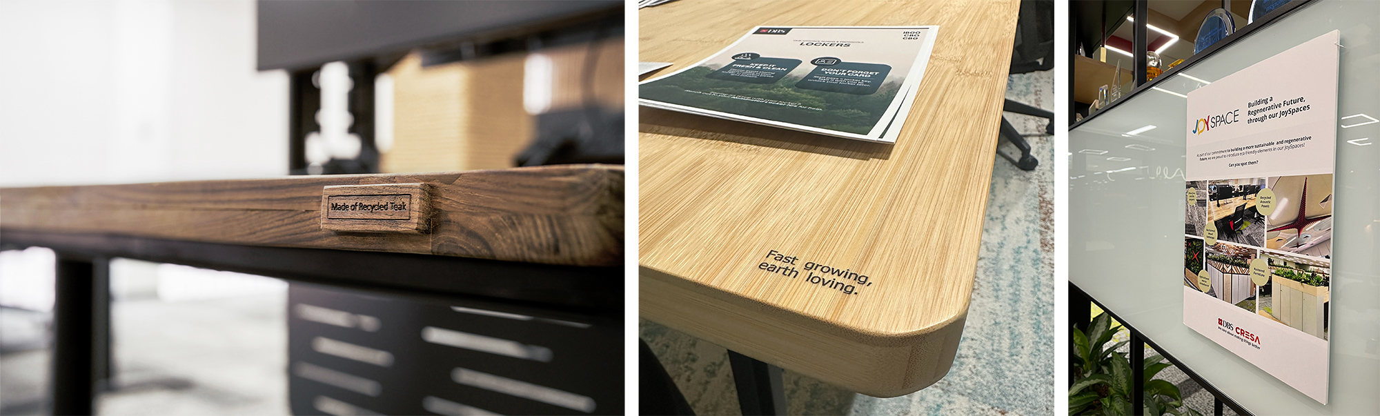 A wooden table with a sign on it.