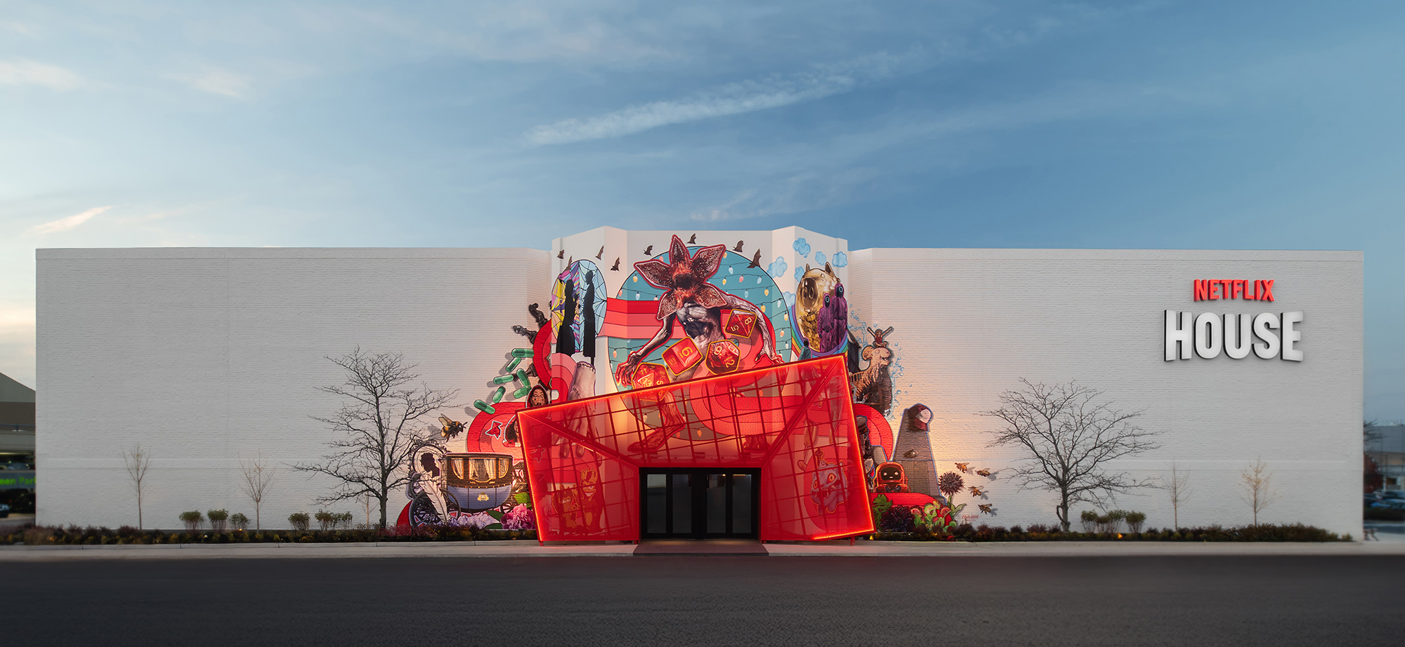 A large building with a large sign on it.