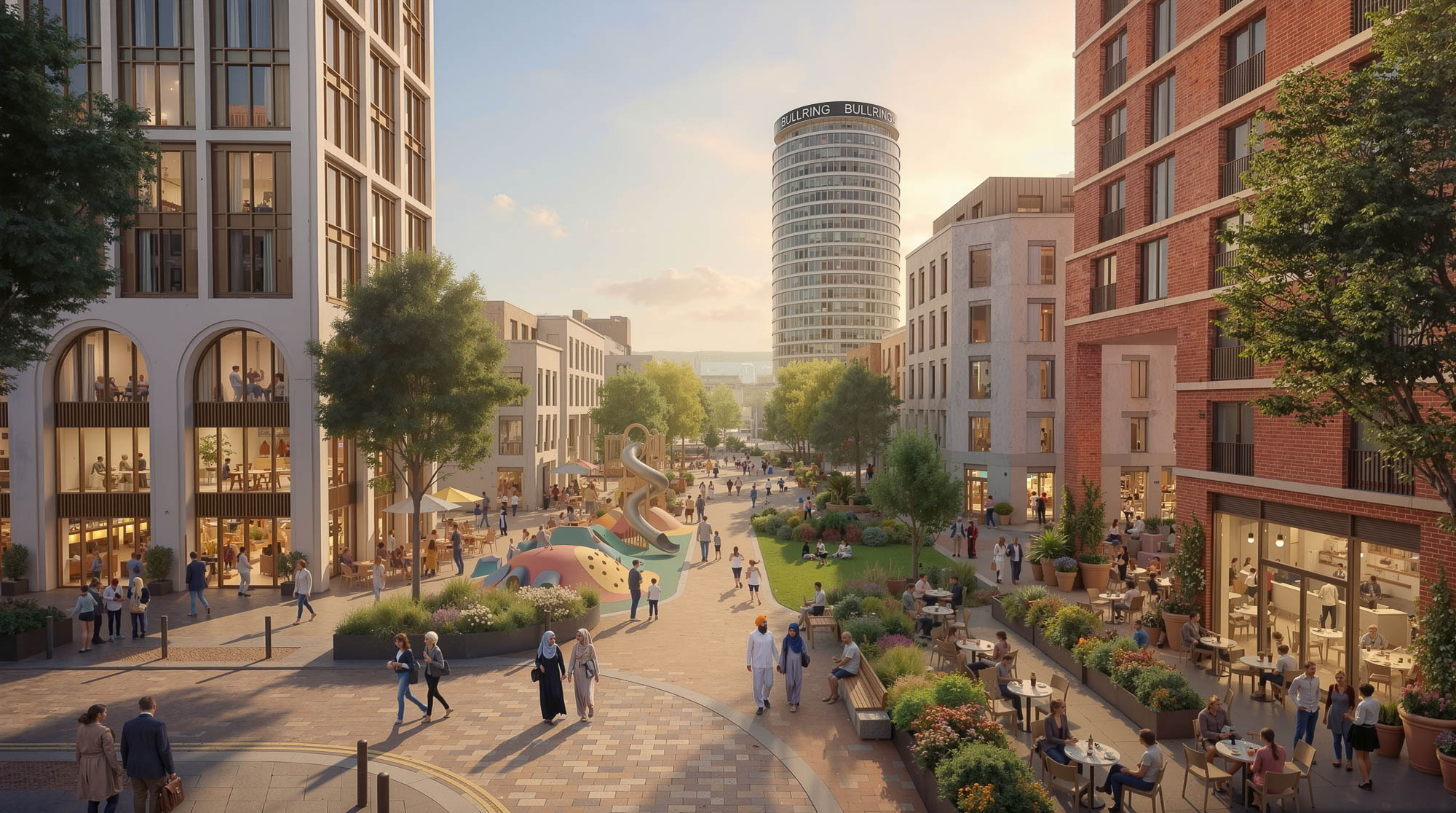 A courtyard with people and buildings.