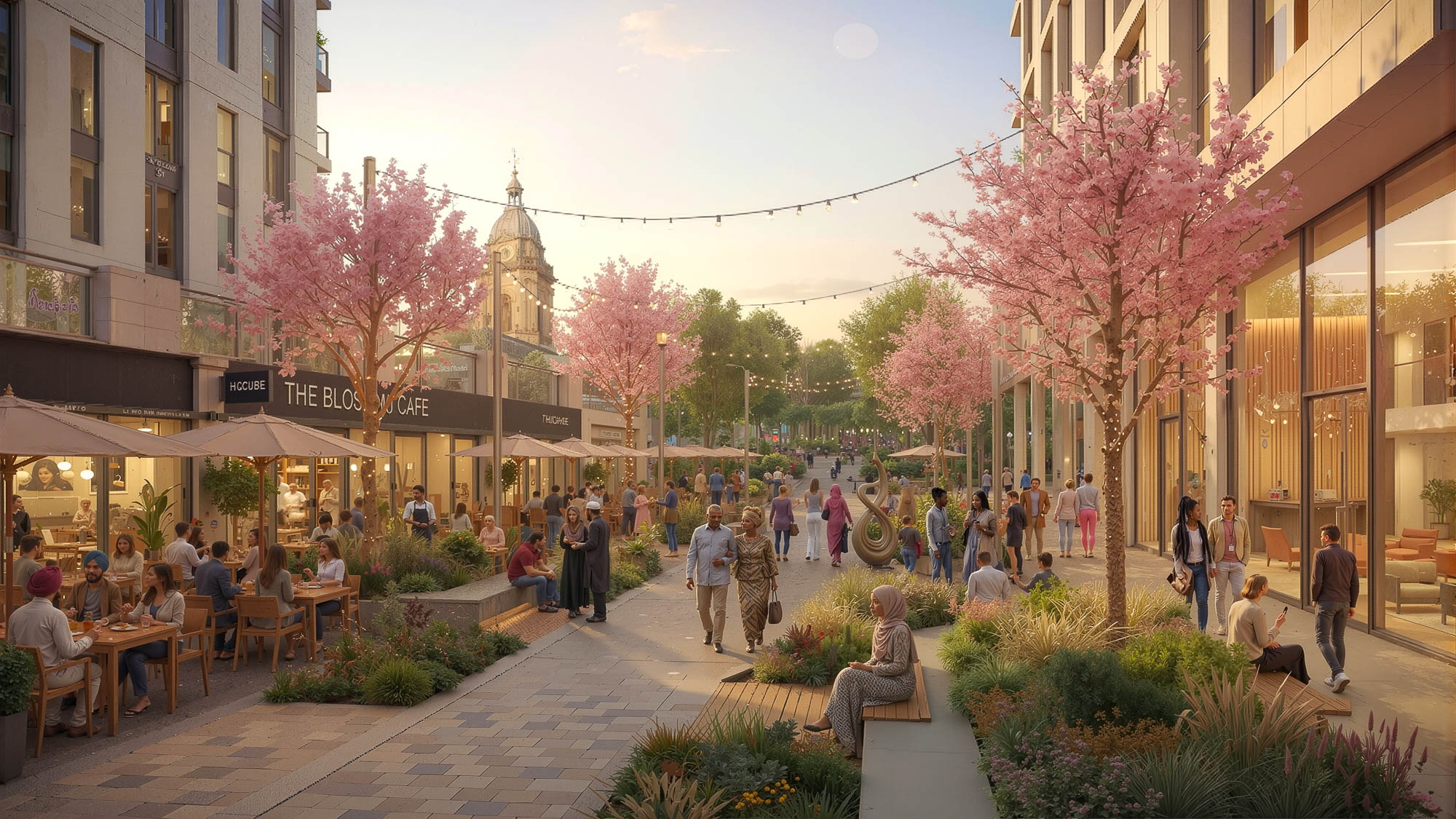 A group of people walking around a courtyard with trees and buildings.
