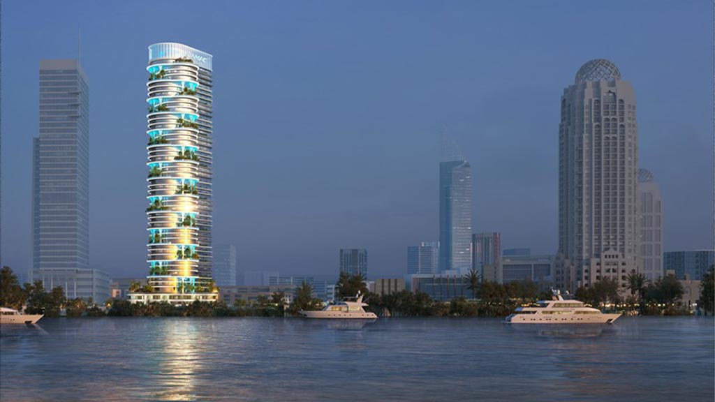 A city skyline with tall buildings.