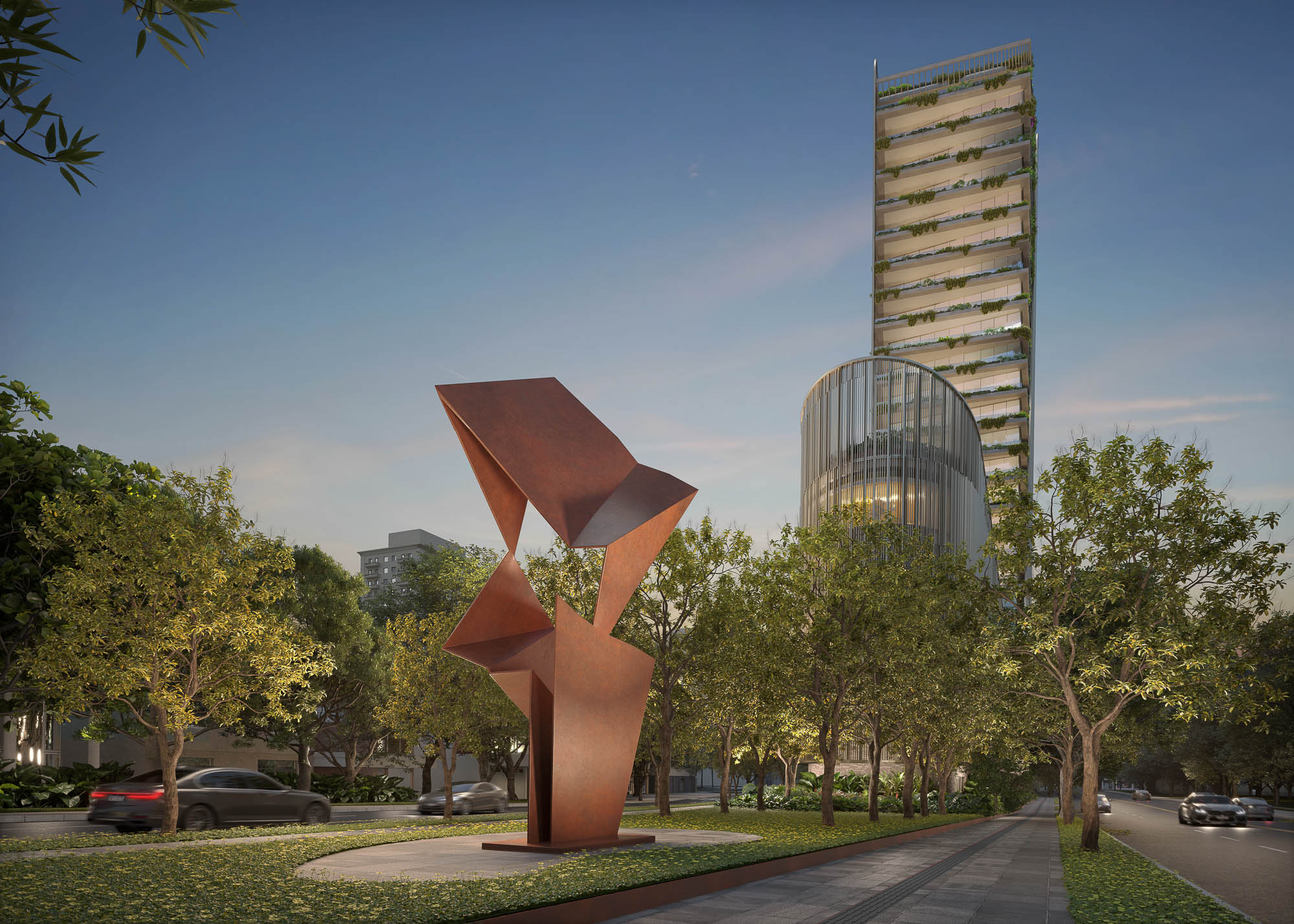 A large sculpture in a park.